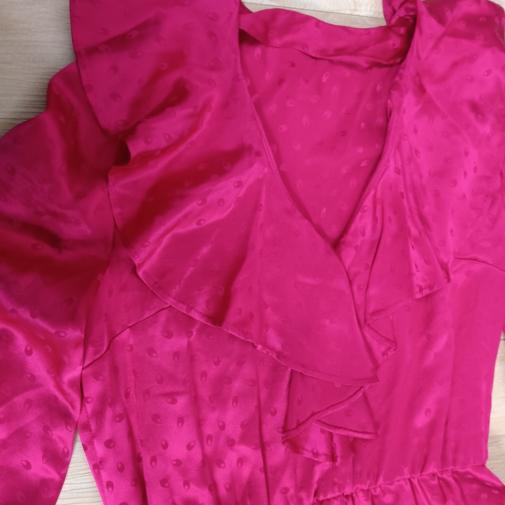 SOLD Vintage 80s Womens Sz L Fushia Silk Ruffle Collar Long Sleeve Dress - Picture 4 of 6